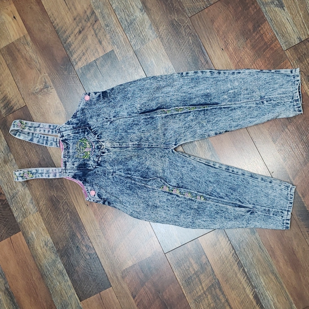 Vintage Popsicle Blue Acid Wash Overalls with Embroidered Florals, Size 4